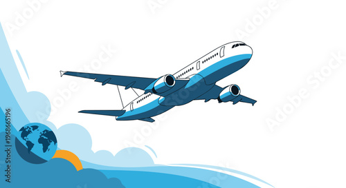 Commercial airplane flying high in the blue sky above white clouds with a small globe symbol for international travel.