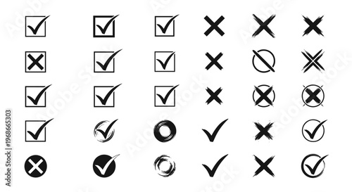 Comprehensive set of black checkmarks and cross marks in various hand-drawn and digital styles for surveys and task lists for business use.