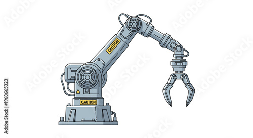 Industrial robotic arm with mechanical claw and yellow caution labels representing modern automation and manufacturing technology in factories.