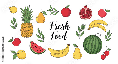 Fresh food illustration set featuring a variety of hand-drawn fruits like pineapple watermelon bananas and apples for healthy diet and nutrition.