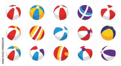 Large set of colorful inflatable beach balls with various striped patterns for summer vacation and poolside holiday themes for families.