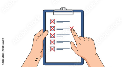 Close up of hands holding a blue clipboard with a checklist where a finger points to a red cross mark representing an error or failed task.