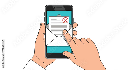 Smartphone screen showing an unread email with a red cancel icon being touched by a finger in a concept of junk mail or spam messages alert.