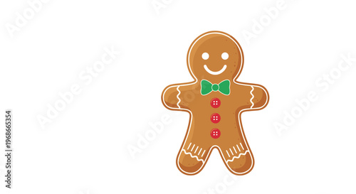 Classic gingerbread man cookie with white icing decorations a green bow tie and red buttons for christmas holiday baking theme decorations.