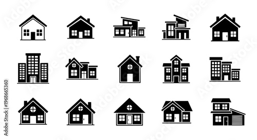 Houses black and white icon set with various architectural styles and building types for design and construction concepts