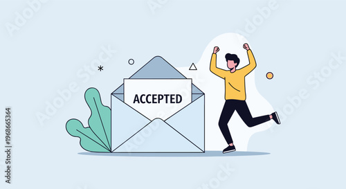 Happy young man celebrating with arms raised next to a large blue envelope containing a printed accepted notification letter for university.