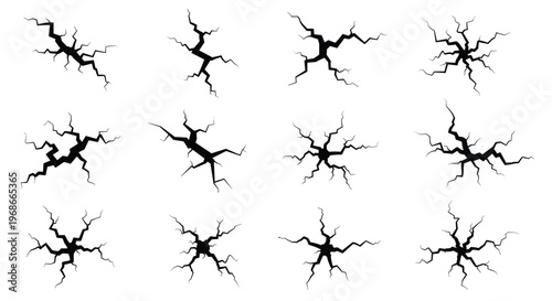 Collection of different black cracked earth and ground texture patterns showing cracks spreading from a center for design and disaster theme.