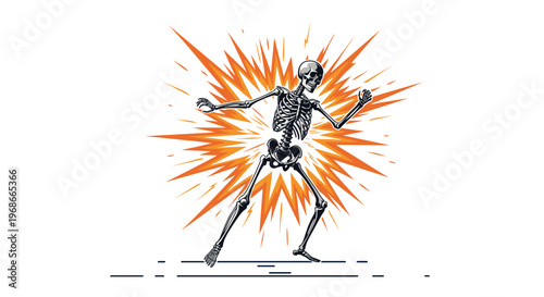 Dramatic illustration of a human skeleton struck by a bright orange electric bolt or high voltage lightning explosion effect for safety warnings.