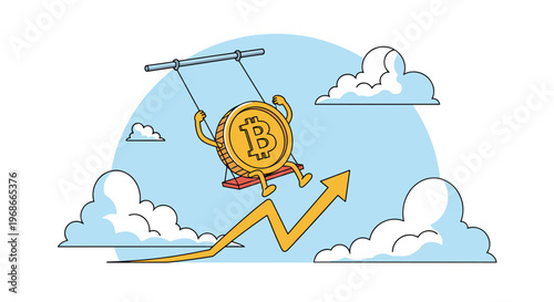 Conceptual illustration of a bitcoin character on a swing above a gold upward arrow signifying cryptocurrency market growth and investment.