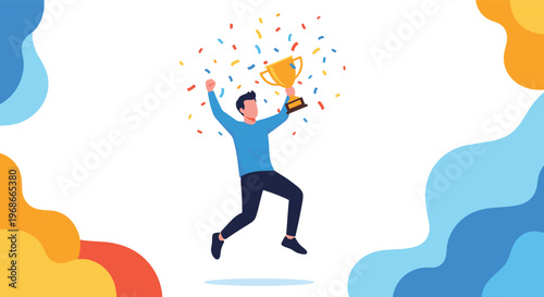 Joyful man jumping in celebration while holding a gold trophy cup with colorful confetti falling around him for winning victory and success.