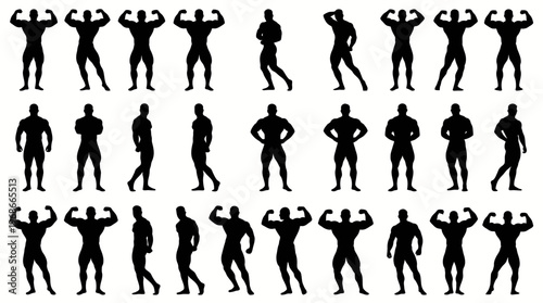 Collection of black silhouettes of muscular men in various poses, showcasing strength, fitness, and the human physique.