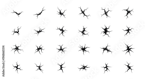Extensive collection of twenty four different black crack and fracture textures for destruction effects on white.