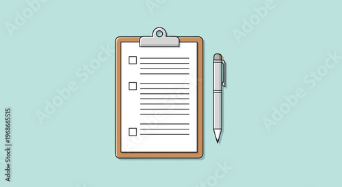 Wooden clipboard with a white list document and a silver pen lying next to it on a clean light blue background.