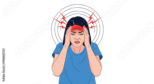 Stressed woman suffering from a severe migraine headache pressing her hands to her temples with red pain icons.