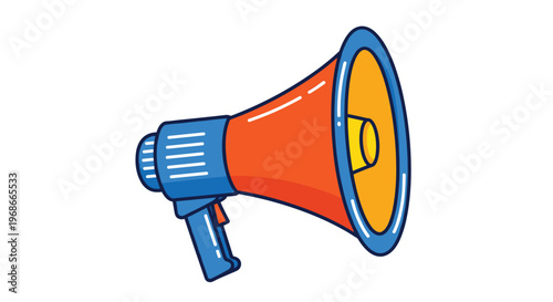 Large colorful megaphone bullhorn in blue and orange colors used for public announcements and voice amplification.