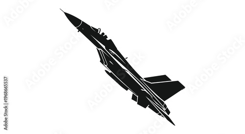 A dramatic depiction of a fighter jet in flight angled upwards presented as a stark black silhouette high quality professional detailed