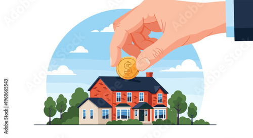 Giant human hand inserting a golden coin into the roof of a red brick house for property investment and savings.