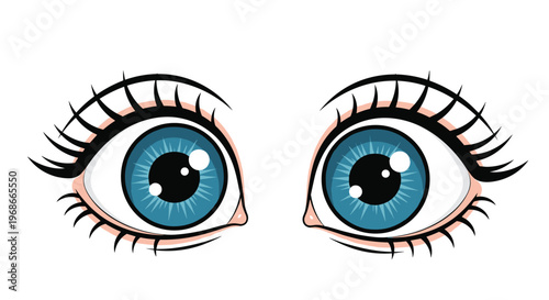 Pair of large expressive cartoon blue eyes looking straight forward with long eyelashes and reflection highlights.