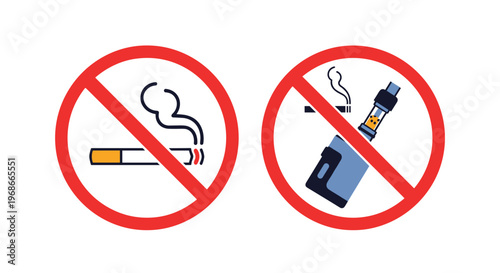 International prohibition signs for cigarettes and electronic vaping devices shown as red circles with slashes.