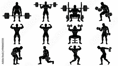 Silhouettes of men performing various weightlifting and bodybuilding exercises with barbells and dumbbells, illustrating strength training.