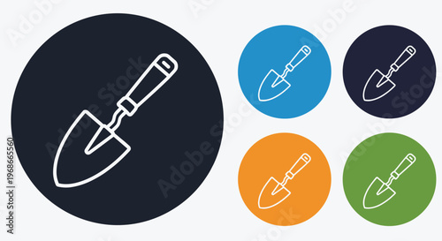 Gardening hand trowel tool shown as white line icons on various colored circular backgrounds including dark, blue, orange, and green.
