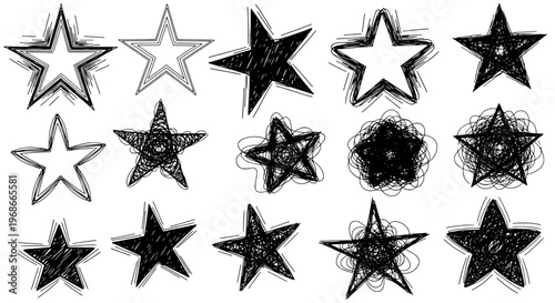 Stars hand drawn set with various line styles and textures for creative designs featuring sketch, doodle, star shapes with design and illustration