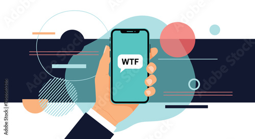 Hand holding a smartphone displaying a speech bubble with WTF text over a colorful abstract geometric background.