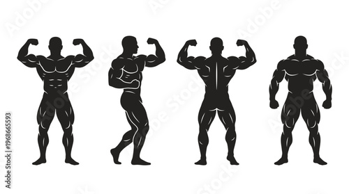 Four black silhouettes of muscular bodybuilders posing in various stances, showcasing strength and physique.