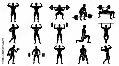 Collection of black silhouettes depicting men engaged in various weightlifting, bodybuilding, and fitness exercises.