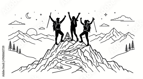 Line art illustration of three triumphant hikers celebrating on a mountain peak at sunset, surrounded by scenic landscapes and a starry sky.