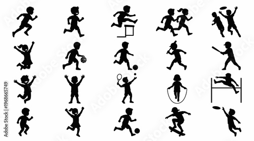 Silhouettes of children playing various sports and engaging in active recreational activities.