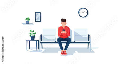 Young man sitting on a bench in a waiting room using a smartphone