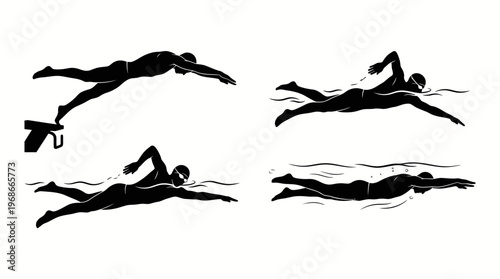 Four black silhouettes illustrating different swimming strokes and a dive from a starting block, showcasing various phases of competitive swimming.