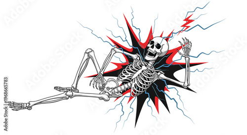 Detailed illustration of a human skeleton experiencing a powerful electric shock with blue lightning bolts and a black and red burst.