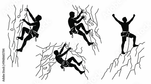 Silhouettes of rock climbers ascending a mountain, depicting different stages of the climb and a triumphant summit.