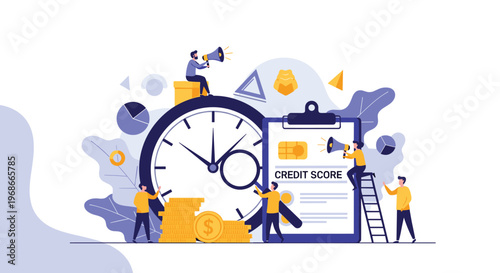 Professional team working around a large clock and a credit score clipboard to manage finances and time.