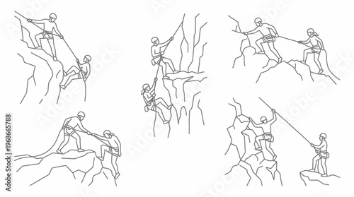 Line art illustrations depicting various rock climbing and mountaineering scenarios with people using ropes and assisting each other on cliffs.