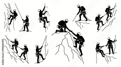 Black and white silhouettes of people rock climbing and mountaineering in various poses and scenarios, demonstrating different climbing techniques and teamwork.