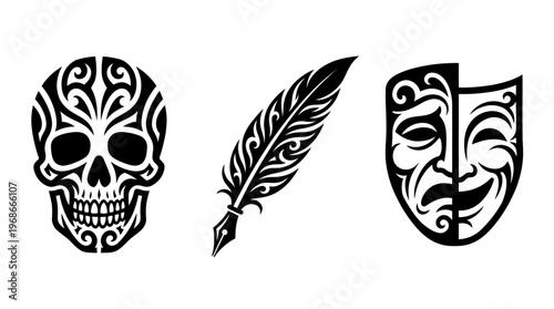 Skull, quill, and theater masks icon set