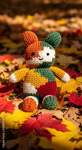Colorful Knitted Bunny Toy Autumn Leaves.