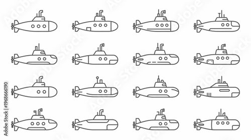 A collection of sixteen simple line art illustrations depicting various submarine designs, suitable for icons or graphic elements.