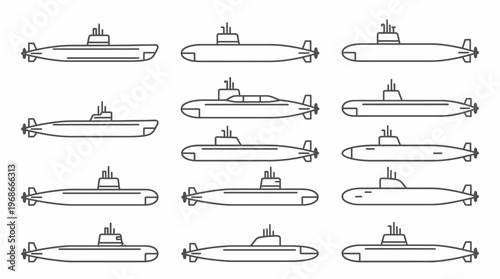 A diverse collection of line art submarine icons, illustrating various designs of underwater military and exploration vessels.