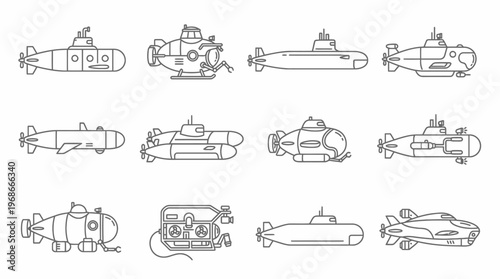 A collection of twelve diverse submarine and submersible line art icons, showcasing various designs of underwater vehicles for exploration and military use.
