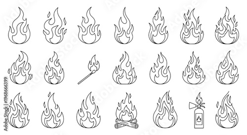 Flames line icon set with black outlines and various shapes and sizes, including fire, blaze, and inferno symbols.