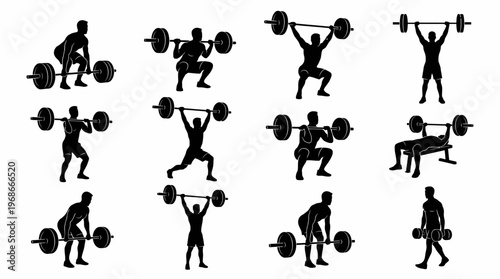 Silhouettes of people performing various weightlifting and strength training exercises with barbells and dumbbells.