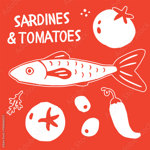 bold sardines and tomatoes food poster hand drawn illustration red graphic design