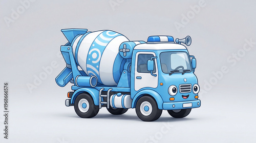 A blue and white cartoon cement mixer truck on a plain background