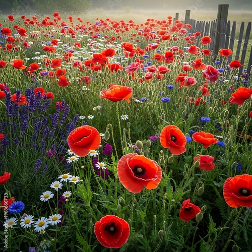 Vibrant poppy field in full bloom with diverse wildflowers and a rustic fence.