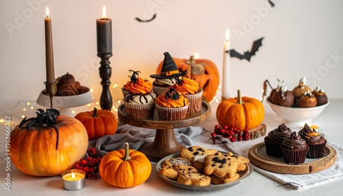 Wunderschön geschmückte Halloween-Tafel mit Gebäck und Süßigkeiten