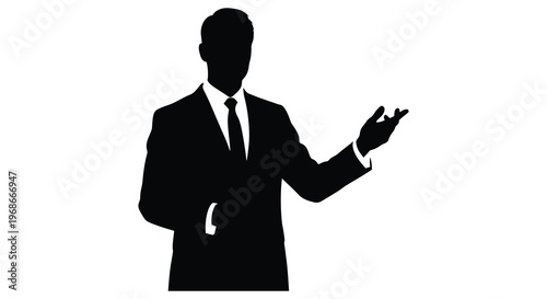 A sharply dressed man in a suit gestures with his hand presented as a striking black silhouette high quality professional detailed